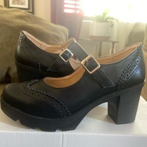 DADAWEN Women's Leather Classic Platform Mid Heel Mary Jane Oxfords Dress Shoes